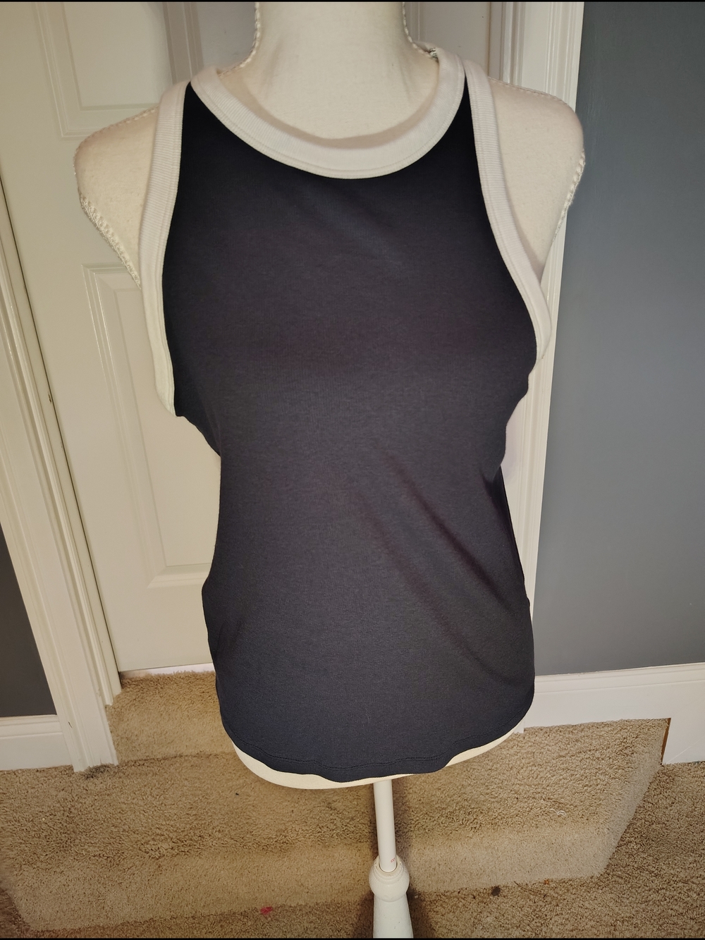 Rachel Zoe Ribbed Pima Cotton Blend Ringer Tank Top High Neck XL Navy White
